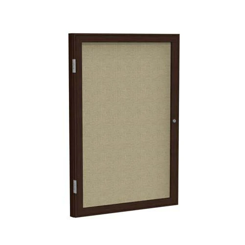 18" x 24" 1-Door Wood Frame Walnut Finish Enclosed Fabric Tackboard - Beige