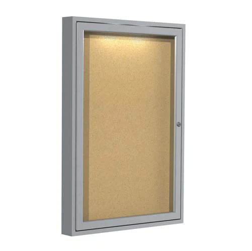24" x 36" 1-Door Aluminum Frame Enclosed Natural Cork Tackboard w/ Concealed Lighting
