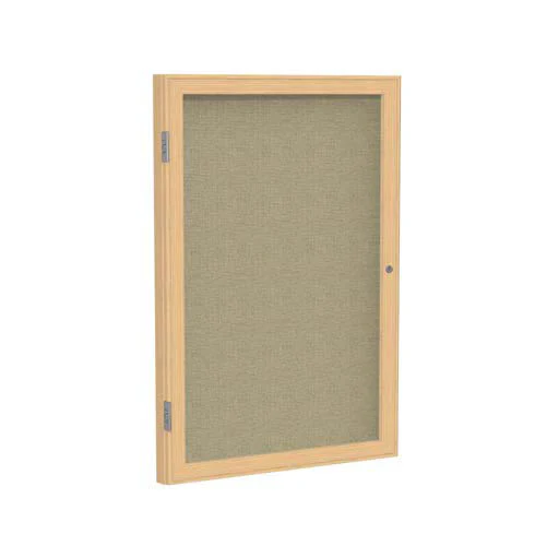 36" x 36" 1-Door Wood Frame Oak Finish Enclosed Fabric Tackboard - Beige