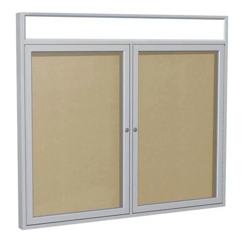 60" x 36" 2-Door Satin Alum Frame w/Illuminated Headliner Enclsd Vinyl Tackboard - Caramel