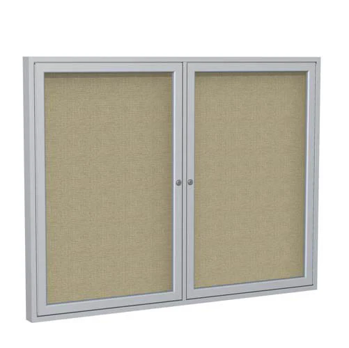 60" x 36" 2-Door Satin Aluminum Frame Enclosed Fabric Tackboard - Beige