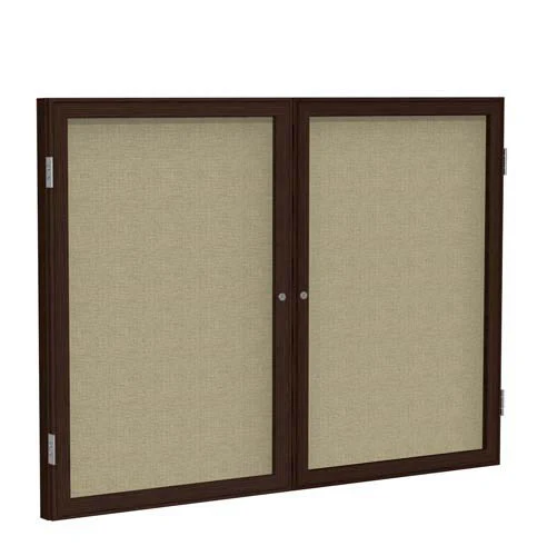 60" x 36" 2-Door Wood Frame Walnut Finish Enclosed Fabric Tackboard - Beige