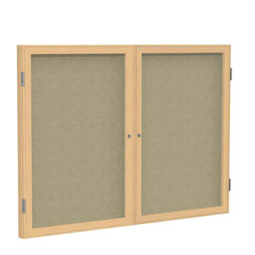 60" x 48" 2-Door Wood Frame Oak Finish Enclosed Fabric Tackboard - Beige