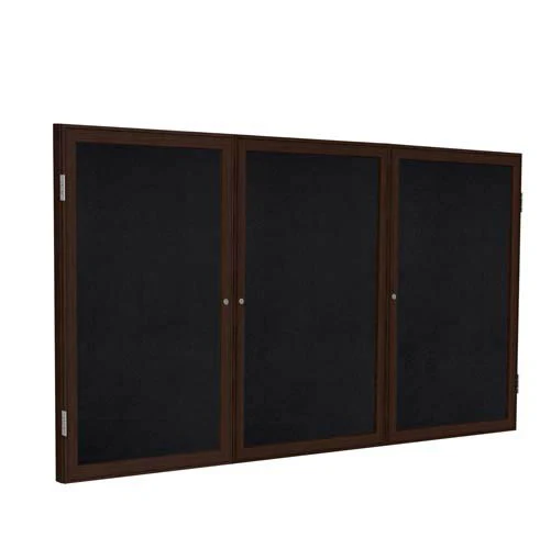 72" x 48" 3-Door Wood Frame Walnut Finish Enclosed Recycled Rubber Tackboard - Black