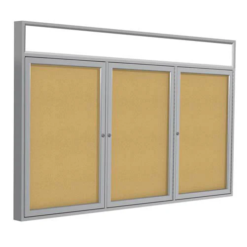 96" x 48" 3-Door Satin Alum Frame w/ Illuminated Headliner Enclosed Tackboard - Natural Cork