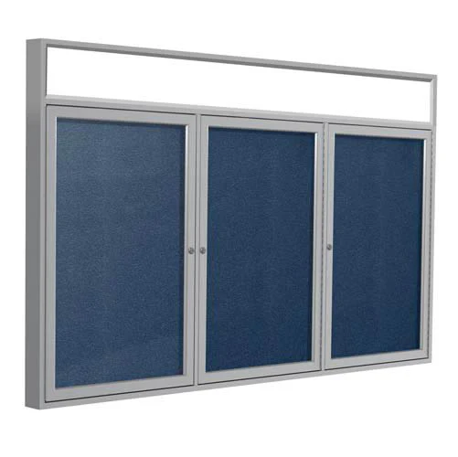 96" x 48" 3-Door Satin Alum Frame w/Illuminated Headliner Enclsd Vinyl Tackboard - Navy